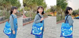 Outdoor detail view of canvas tote bag with Van Gogh Starry Night oil painting print