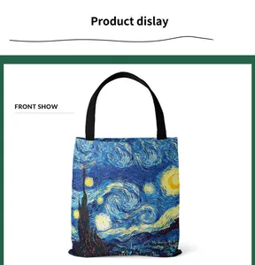 Detailed view of Van Gogh Starry Night oil painting print on a durable canvas tote bag
