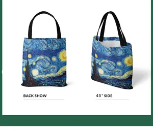 Detailed back and side view of a Van Gogh Starry Night oil painting canvas tote bag