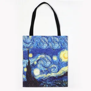 Detailed view of artistic Van Gogh Starry Night oil painting print canvas tote bag