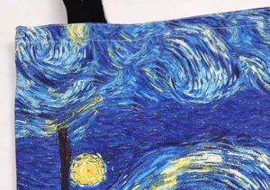 Detailed close-up of Van Gogh Starry Night painting print on textured canvas fabric