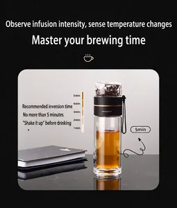 Premium double-walled glass tea infuser bottle showing inversion brewing time guide