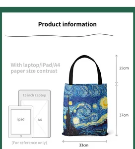 Van Gogh Starry Night oil painting canvas tote bag for women showing size dimensions