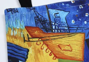 Macro detail of high-quality canvas tote bag featuring Van Gogh oil painting print texture