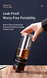 Premium double-walled glass tea separator bottle held by a hand to show leakproof design