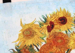Macro view of sunflowers oil painting print on high-quality canvas tote bag.