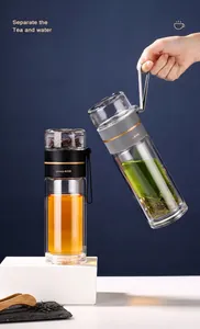 Detail shot of a double-walled glass tea infuser bottle with a practical silicone strap