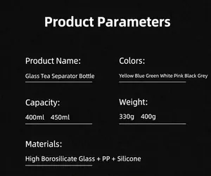 Detailed specifications for double-wall borosilicate glass tea infuser and separator water cup