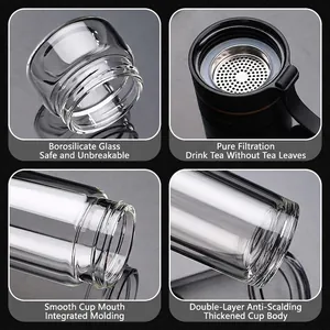 Double-walled borosilicate glass tea bottle with stainless steel infuser and thick body.