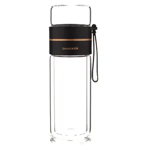 Double-walled glass water bottle with tea infuser and black silicone strap