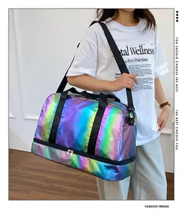 Iridescent holographic travel duffel bag shown on a shoulder strap for gym and sports