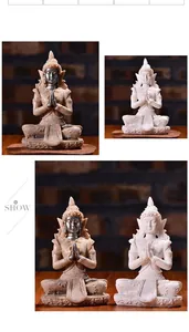Handcrafted Zen Southeast Asian Buddha statue figurines in stone and white resin finishes