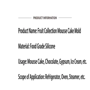 Detailed product specifications for various fruit-shaped silicone mousse cake molds.