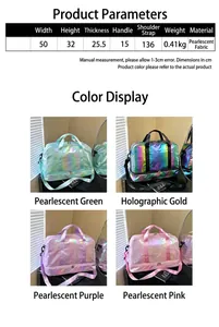 Detailed overview of large capacity fitness duffel bag showing dimensions and 4 colors