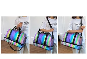 Holographic iridescent travel gym bag with dry-wet separation and shoe compartment