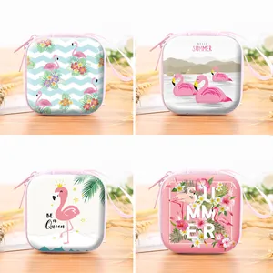 Cute square tinplate storage pouches with flamingo summer designs and pink zippers