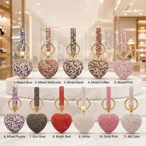 Variety of 11 colors for rhinestone heart keychains and luxury bag pendants.