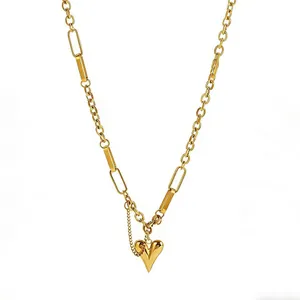 Elegant gold titanium steel necklace featuring a heart pendant and a stylish mixed-link chain