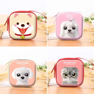 Square tinplate storage bags with cute dog and cat prints for earphones and coins