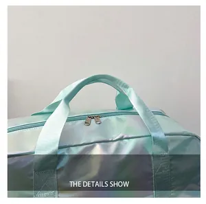Macro view of a holographic mint green travel bag with durable reinforced webbing handles