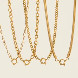 Stainless Steel 18K Gold Plated Spring Buckle Pendant Necklace Minimalist Snake Paperclip Curb Link Chain Jewelry For Women Men