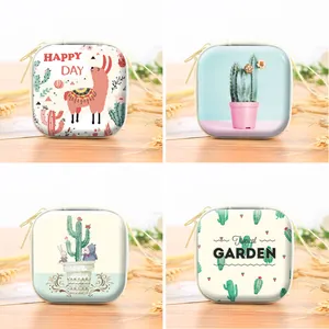 Four unique cute square tinplate storage bags featuring llama and cactus prints with zippers.