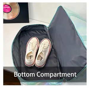 Close-up of the separate bottom shoe compartment in this iridescent sports travel bag