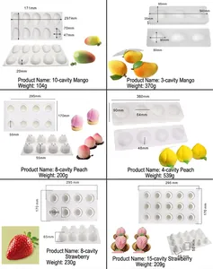 Detailed size and weight chart for fruit-shaped silicone mousse cake molds in various styles