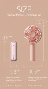 Size comparison between a pink mini foldable handheld fan and a standard portable fan