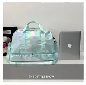 Holographic mint green fitness travel bag shown next to a laptop for size comparison