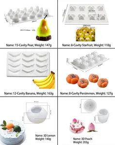 Detail view of various fruit-shaped silicone mousse cake molds with sizes and weights