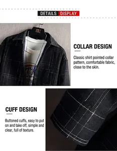 Détails de chemise à carreaux noire pour homme avec col pointu et poignets boutonnés.