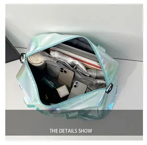 Detailed interior view showing large capacity and compartments of holographic sports bag