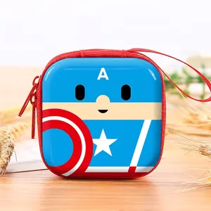 Square tinplate coin purse with cartoon superhero design for earphones and small items
