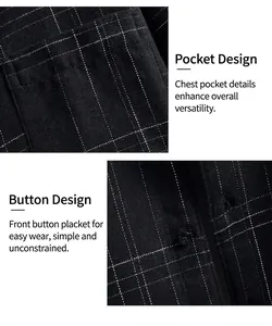 Détails de la poche de poitrine et de la boutonnière sur une chemise à carreaux noire.