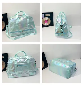 Multi-angle views of large holographic travel bag with dry-wet separation