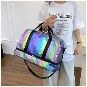 Detailed close-up of a holographic large capacity duffel bag featuring dry-wet separation