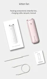 Comprehensive packing list of pink portable mini folding fan with cable and lanyard