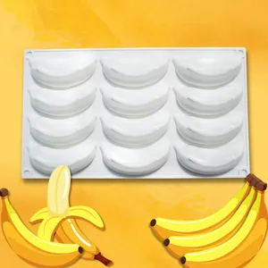 Close-up of 12-cavity banana shaped silicone mousse cake mold for dessert decorating