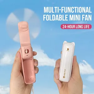 Portable foldable mini handheld fan with 24h battery life, pink and white colors