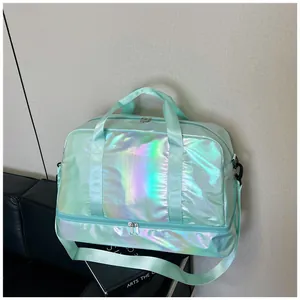 Close-up detail shot of holographic mint green gym bag showing the iridescent fabric texture