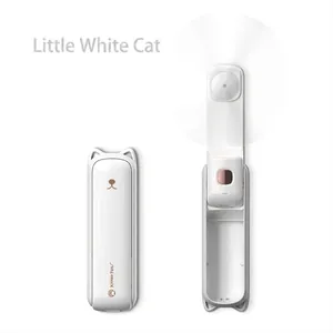 Portable mini foldable handheld fan with cute kitten design in a minimalist white