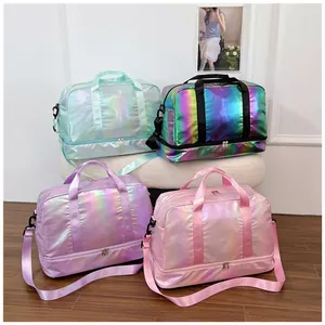 Four iridescent travel bags in mint, rainbow, and pink colors with dry wet separation feature.