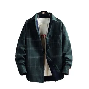 Chemise décontractée à carreaux pour hommes en vert foncé, coupe ample et manches longues