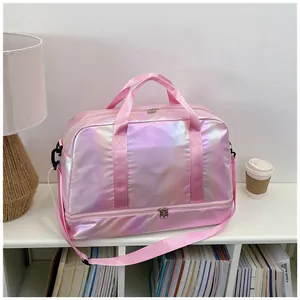 Large pink holographic duffle bag with wet dry separation for fitness, gym and travel