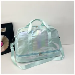 Large iridescent holographic sports duffle bag with double handle and shoulder strap