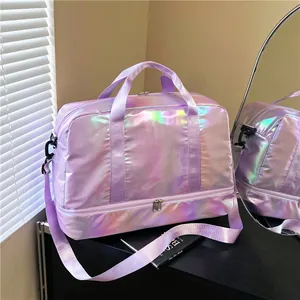 Large capacity iridescent purple fitness bag with bottom dry wet separation compartment