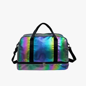 Iridescent rainbow large capacity sports duffel bag with dry wet separation compartment