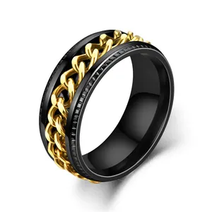 Modern rotatable stainless steel chain ring for men with black and gold spinner