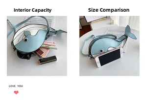 Detail view of the cute whale-shaped crossbody bag showing capacity and size comparison.